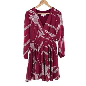 Charles Henry Size‎ S Dress Printed Mini Long Sleeve Dress V-Neck Burgundy Geo